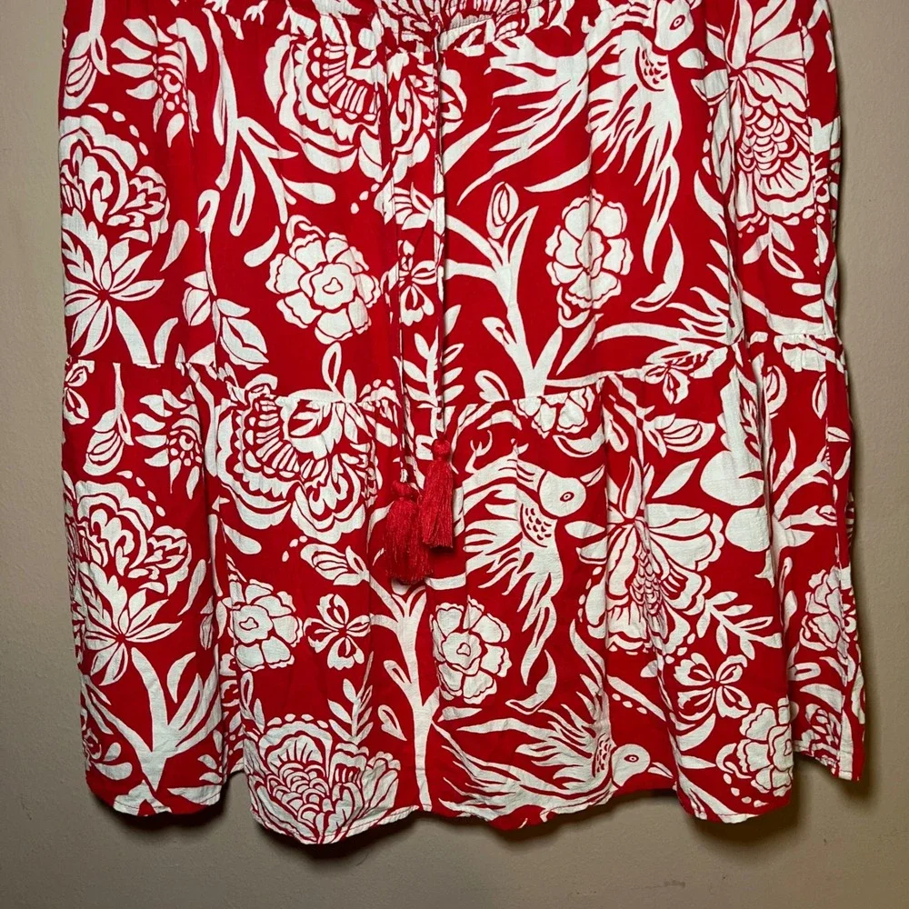 Knox Rose Mini Skirt Womens L Red White Floral Bird Tiered Boho Tassel Breezy